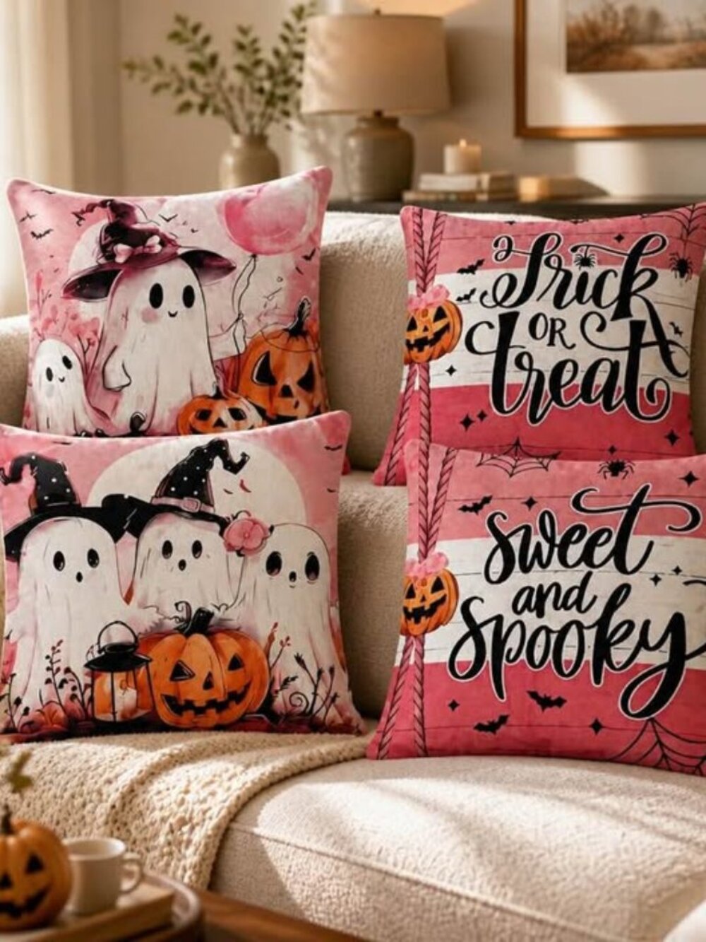 Set of 4 Pink Halloween Pillow Covers 16x16 Ghost Pumpkin Spooky
